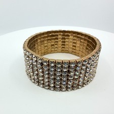 Vintage Gold Tone Multi Row Rhinestone Stretch Bracelet Wide Cuff Statement Boho