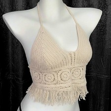 Cream crochet halter top / boho fringe festival knit crop / tie back bralette