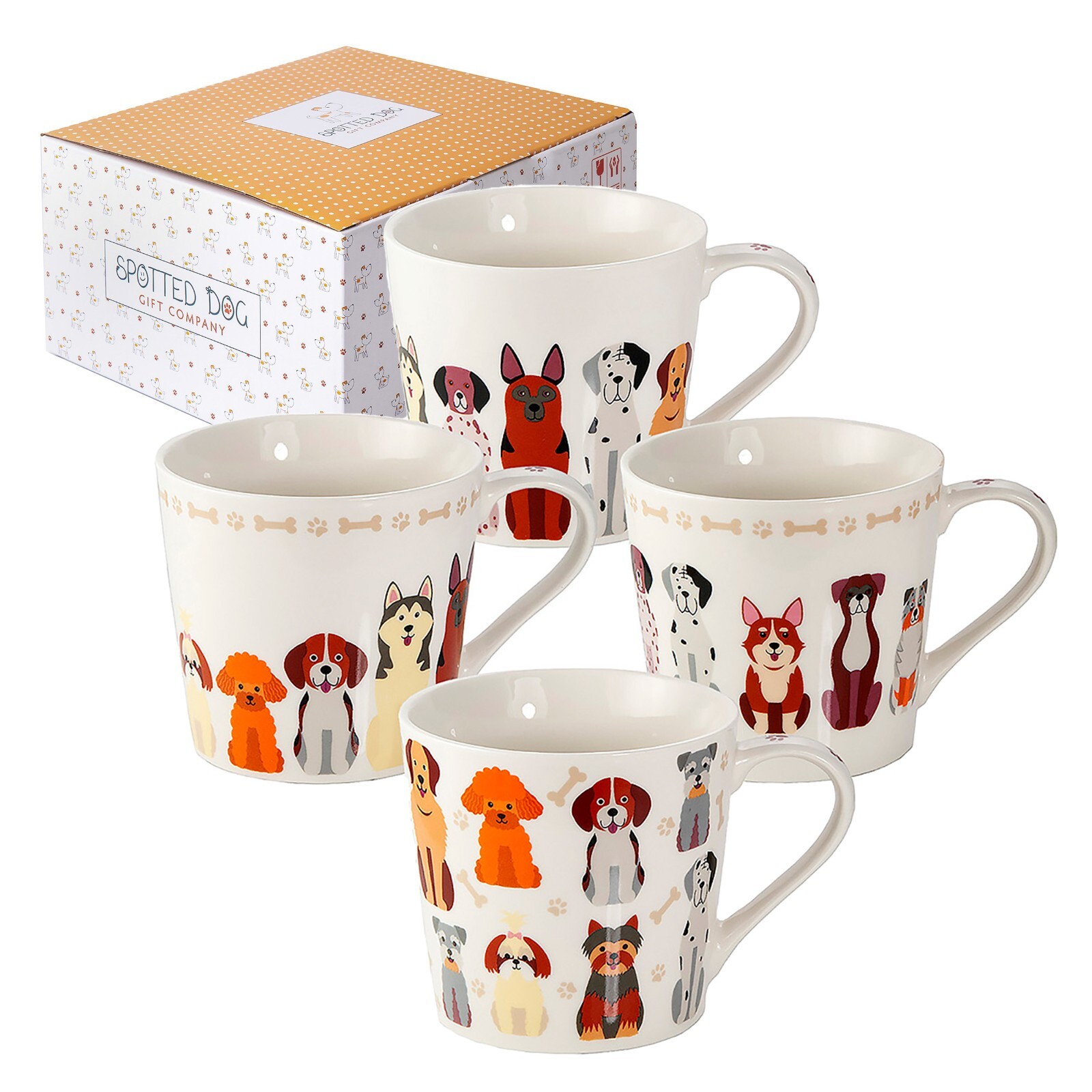 Mug Set of 4 Coffee Mugs Tea Cups Ceramic China 380ml Dog Themed Gift Dog Lovers