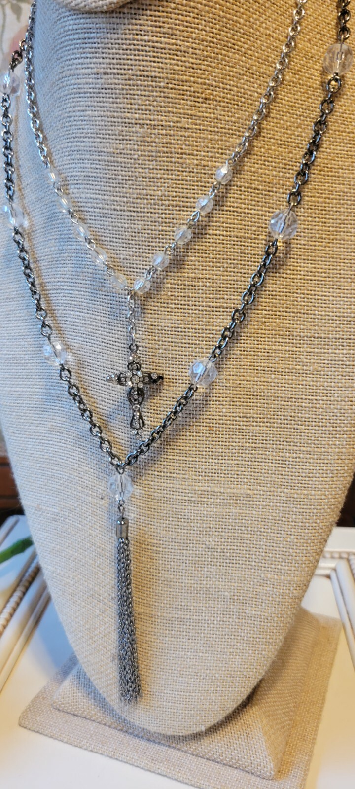 † LAYERED CRYSTAL Religious Cross Silver Tone Necklace 20