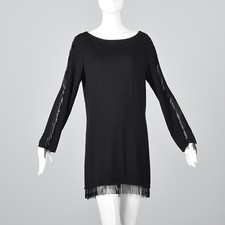 M 1990s Valentino Studio Black Knit Tunic Beaded Fringe Long Sleeves Mini Dress