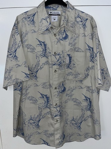 Columbia PFG Kurzarmhemd, Creme & Blau, Herren XL, Angeln / UPF Sonne NEU