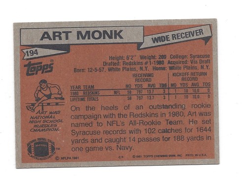 1981 TOPPS #194 ART MONK ROOKIE CARD RC HOF .99 SHIP X938 - Picture 2 of 2