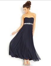 129 NWT Teeze Me, Navy Long Pageant Gown Strapless Pleated Rhinestones 5/6