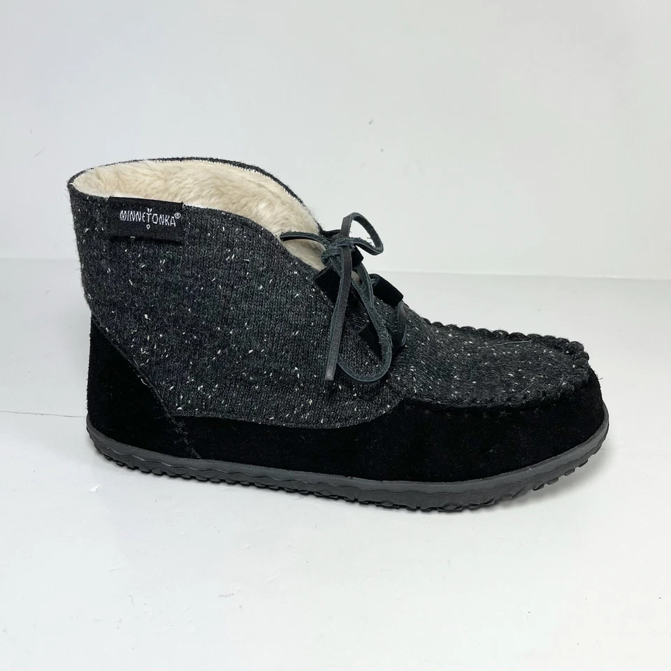 Zapatos Minnetonka para mujer 6 zapatillas negras torrey con cordones forrados de piel sintética Foto 3 de 4