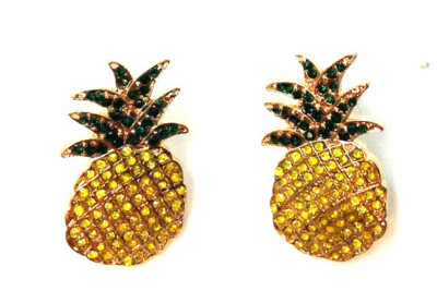 GOLD PINEAPPLE FRUIT YELLOW RHINESTONE CHARM PENDANT STUD EARRINGS SET RETRO NWT
