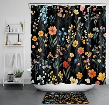 Plant Green Leaf Orange Wildflower Black Shower Curtain Set for Bathroom Decor