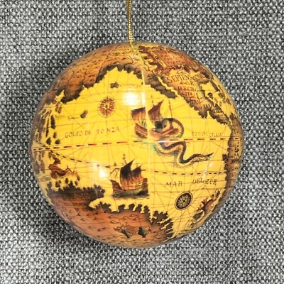 World Globe Ornament 4'' Antiqued Decoupage Paper Mache Gold Cord Taiwan