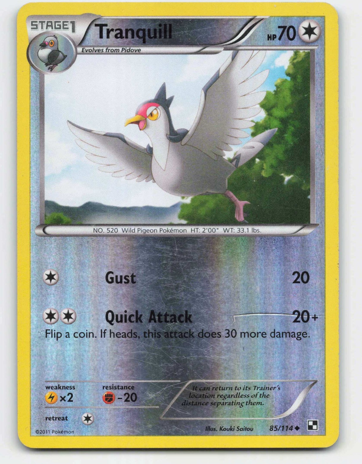 2011 Pokemon, Black & White, #85/114 Tranquill, Reverse Holo Uncommon