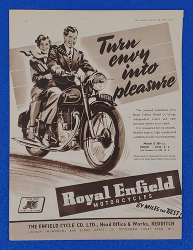 1951 ROYAL ENFIELD MODEL G ORIGINAL CLASSIC MOTORCYCLE PRINT AD FREE SHIPPING