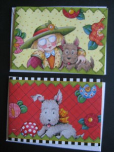 2 UNUSED small vintage greeting cards Mary Engelbreit BLANK Girl & Scottie Dog