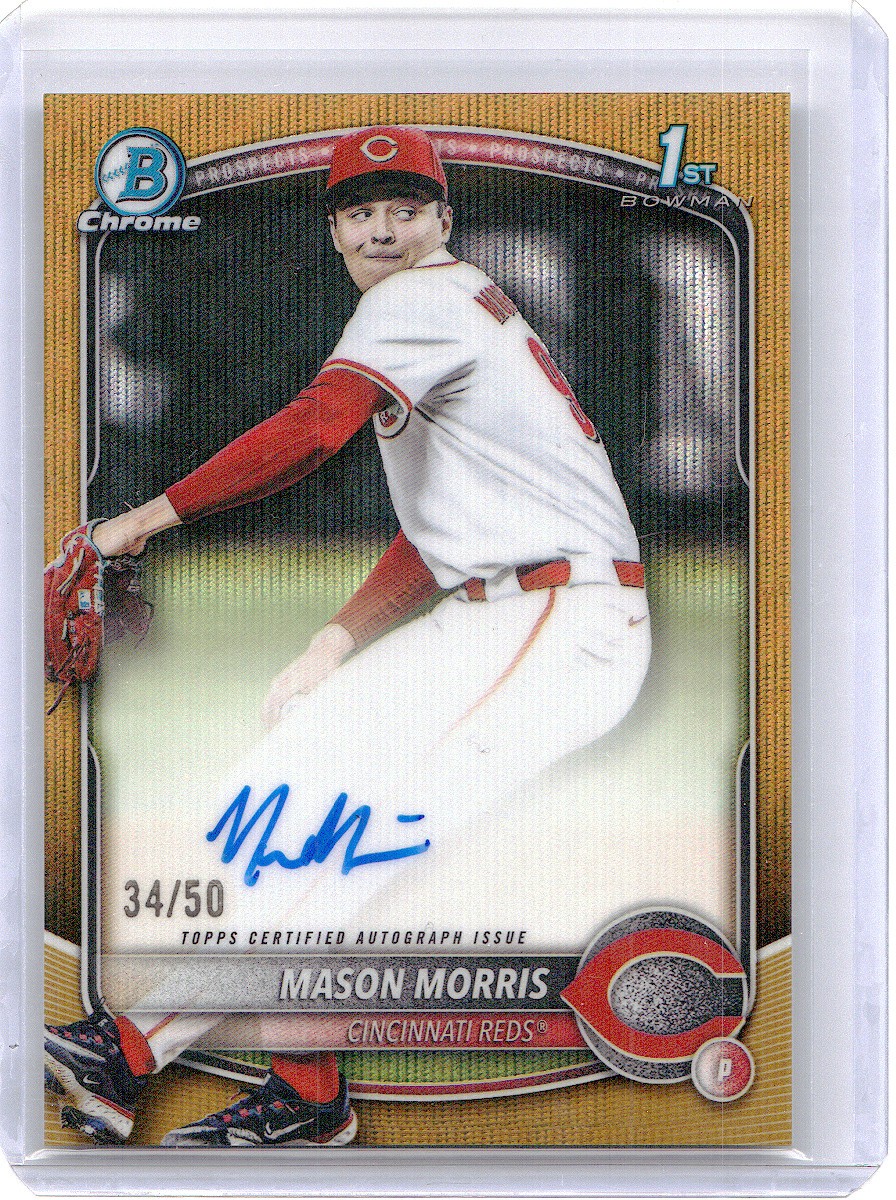 Mason Morris 2025 Bowman Draft Chrome Autographs Gold Wave #/50 Cincinnati Reds