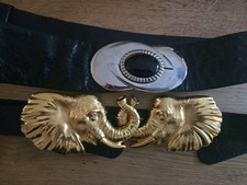 Vintage Judith Leiber Silver Buckle Leather Belt And Elephant Heads Belt