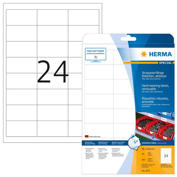 Herma 4573 Wetterfeste Folien-Etiketten A4 66,0 X 33,8 Mm Weiß WiederablöSbar-image