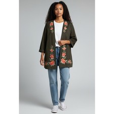 Women's Embroidered Floral Kimono Jacket Duster Olive Green Open Front L