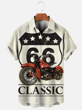 Mens Retro Classic Route 66 Motorcycle Print Hawaiian Short Sleeve Shirt