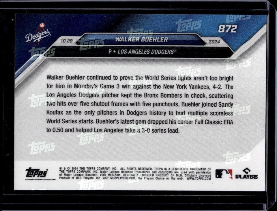 2024 Topps Now #872 Walker Buehler Blue Parallel #d /49 - Image 2 of 2