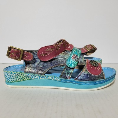 L ARTISTE Spring Step SUMACAH Aqua Blue Leather Sandals Womens US 8.5 39