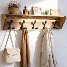 SKOLOO D01-5G Wall Shelf Coat Rack 35" 5 Tri Hooks Wood Brown & Black