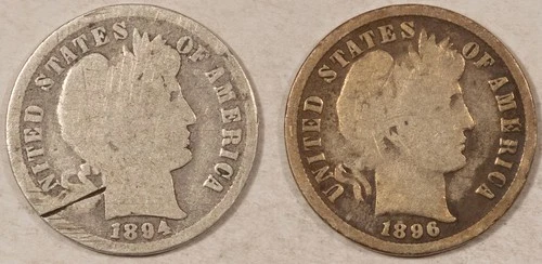 1894 1896 BARBER DIME LOT OF 2 BETTER DATES - CIRCULATED, 1894 W/ SCRATCH