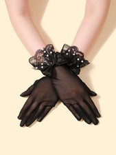Black Sheer Mesh Gloves With Lace Bow Pearl Embellishment One Size