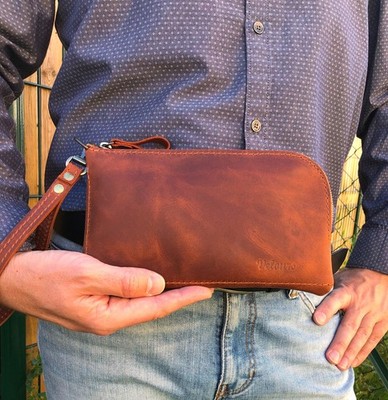 Herren Tasche Echtleder Handarbeit, Leder Clutch mit Schlaufe, Handtasche