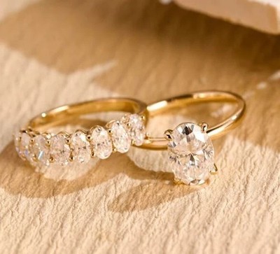 Oval Cut White Moissanite 14k Yellow Gold Finish Engagement Bridal Ring Set