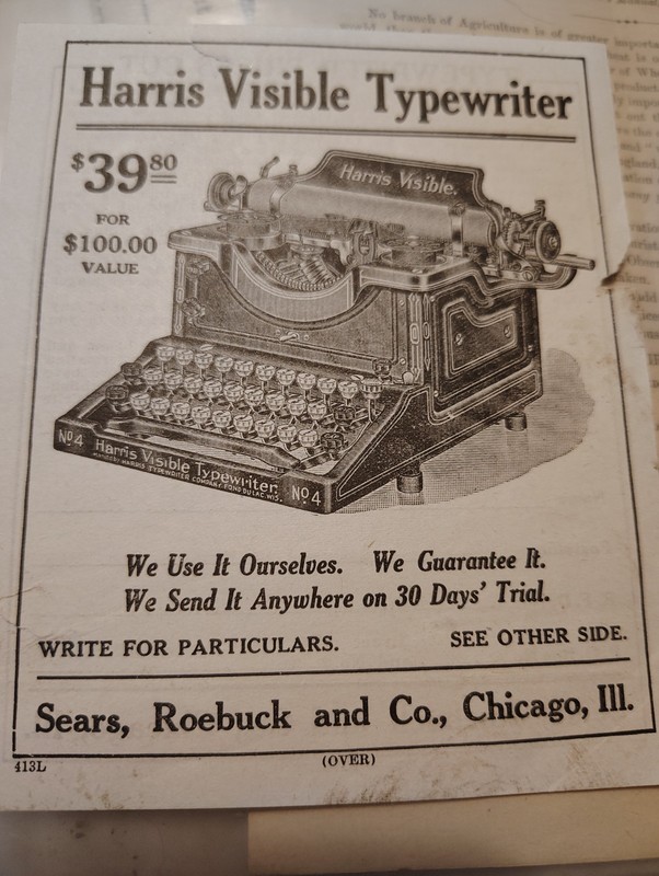Harris Visible Typewriter and Sears, Roebuck and Co. Add