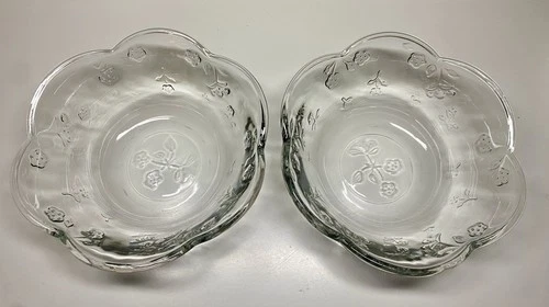 Vintage Anchor Hocking Savannah Embossed Floral Clear Glass Cereal Bowl Set of 2