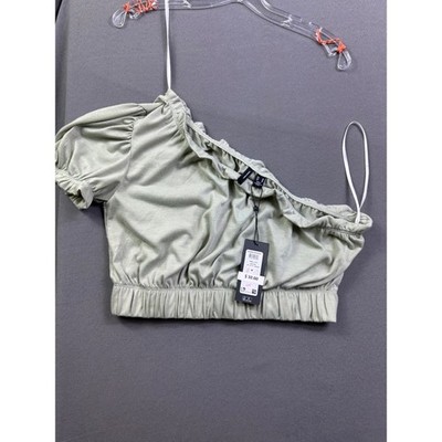 Vero Moda Women's One Shoulder Puff Sleeve Crop Top Sage Green Size M NWT
