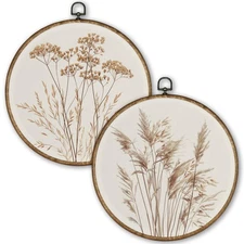 Beige Rustic Fall Botanical Round Wall Art Decor Set of 2, Boho Wildflower Fl...