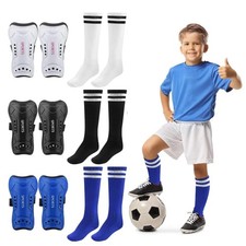 "3 Pairs Kids Soccer Shin Guards and Long Socks for Ages 615 Football"