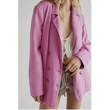 Free People Olivia Linen Blend Long Sleeve Belted Oversized Blazer Jacket Pink S