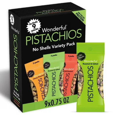 Wonderful Pistachios, No Shells Variety Pack Nuts, 0.75 Ounce Bags (Pack of 9)