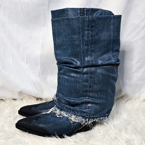 Diesel Denim Cowboy Boots 39 Foldover Blue Y2k 8 Heels Wedge - Picture 2 of 9