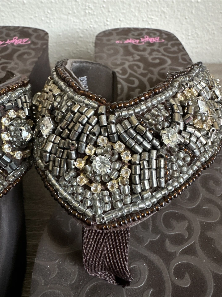 Sandalias de cuña BLAZIN ROXX para mujer talla 6 marrón con cuentas estrás occidentales sin cordones Foto 3 de 4