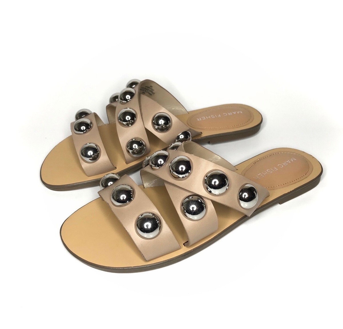Marc Fisher Bryte Ball Studded Faux Leather Slide Sandals Beige