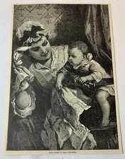1885 magazine engraving ~ WOMAN WITH A BABY holding newspaper