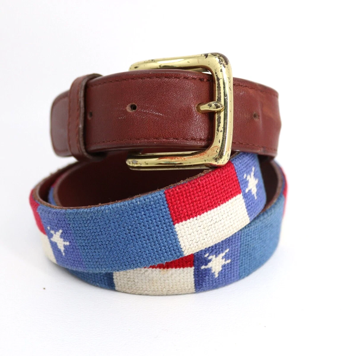 Tucker Blair Belt Unisex 36 Texas State Flag Needlepoint Brown Leather Brass