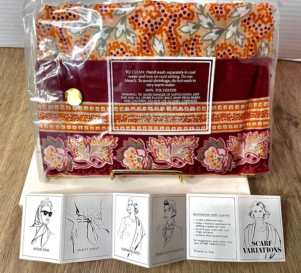 Moroccan Patterned Scarf Orange Amber Vintage Avon Made in Italy NOS - Image 2 of 2