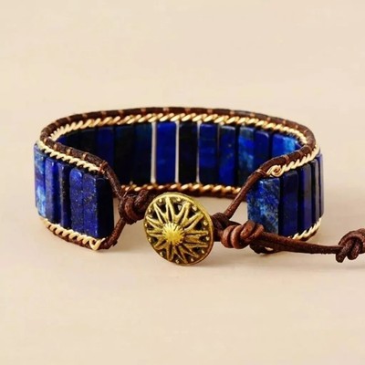 Natural Lapis Lazuli Wrap Bracelet Stone Handmade Tubular Leather Healing Wisdom