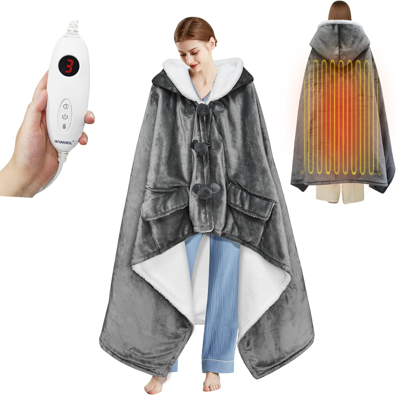Wearable Heated Throw Blanket, Electric Heated Wrap Poncho Shawl with Pockets fo