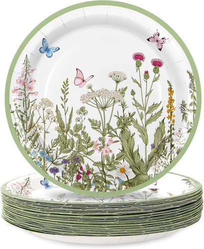 Vintage Wildflower Butterfly Paper Plates Green Wild Floral Disposable Plates...