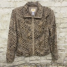 Morgan Cole Womens Small Brown Beige Faux Leather Fleece Animal Print Jacket