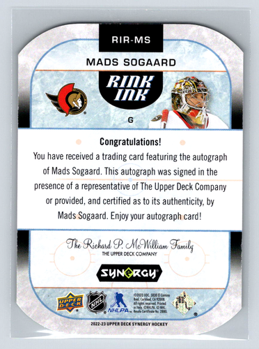 2022-23 UD Synergy #RIR-MS Mads Sogaard Rink Ink Autograph - Senators - Picture 2 of 2