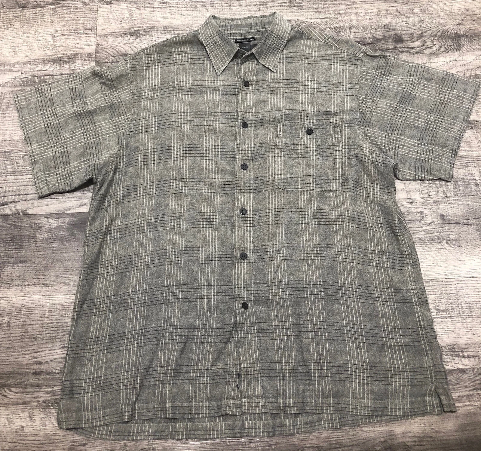 Marc Edwards Sz XL Tan Linen Blend Shirt Button Down Short Sleeve Pockets B2