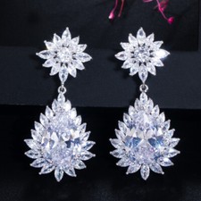 Silver Plated Cubic Zirconia Crystal Long Flower Pear TearDrop Dangle Earrings