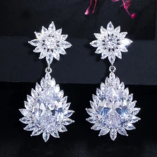 Silver Plated Cubic Zirconia Crystal Long Flower Pear TearDrop Dangle Earrings
