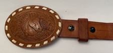 Horse Head Brown Leather Belt Buckle W/ Belt Sz 28 Western Themed Oval Tooled