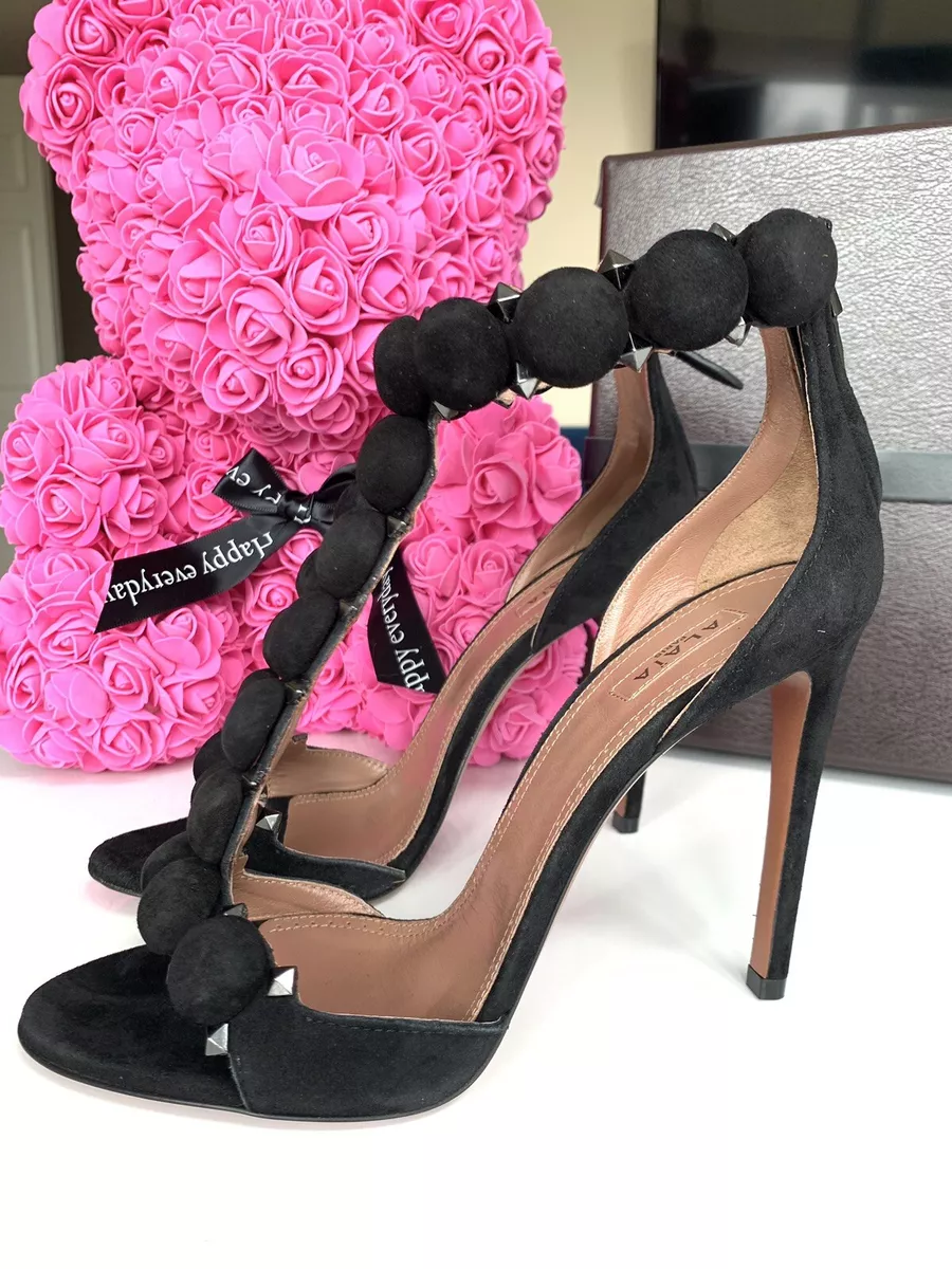 K Alaia Black Suede T Strap Bombe Sandals Shoes Open Toe Heels